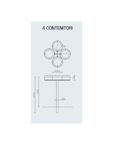 Cestino a 4 settori per la raccolta differenziata a forma cilindrica con nervatura - cm Ø35 (x4) x 120h