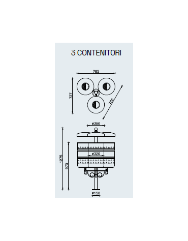 Cestino raccolta differenziata 3 settori, da tassellare, in acciaio zincato e verniciato con coperchio e posacenere - cm 127,5h