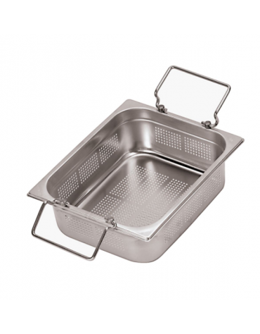 Bacinella contenitore GN 1/1 in acciaio inox con maniglie snodate, fondo e lati forati - mm 530x325x100h