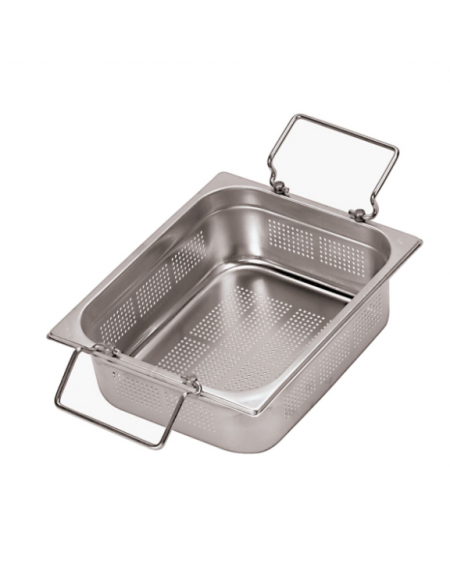 Bacinella contenitore GN 1/1 in acciaio inox con maniglie snodate, fondo e lati forati - mm 530x325x200h