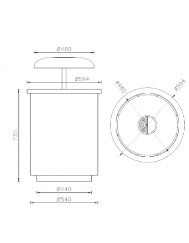 Cestino per la raccolta differenziata diviso in 4 settori con coperchio, in lamiera d’acciaio liscia - Diametro cm 59,4