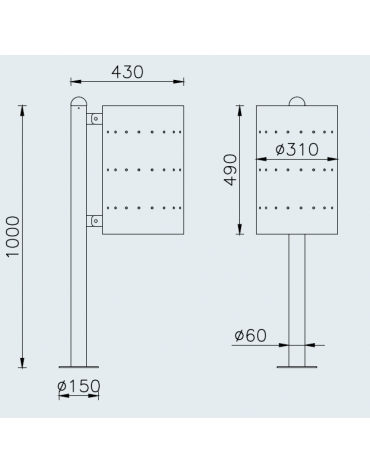 Cestino portarifiuti con paletto da tassellare, in acciaio zincato e verniciato, senza coperchio - cm  43x31x100h