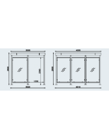 Pensilina smoking in acciaio, pareti in vetro, e tetto in lamiera grecata o policarbonato. Chiusa su 3 lati - cm 400x300x280h