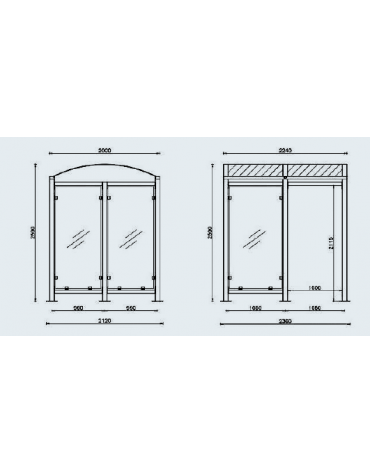 Pensilina in acciaio, pareti in vetro, e tetto in policarbonato, mezza anta frontale. Chiusa su 3 lati - cm 224x200x250h