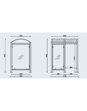 Pensilina per fumatori in acciaio zincato e verniciato, pareti in vetro, e tetto in policarbonato. Chiusa su 3 lati. - cm 200x15