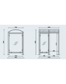 Pensilina in acciaio zincato verniciato, pareti in vetro, tetto in policarbonato, mezza anta frontale. Chiusa su 3 lati - cm 200
