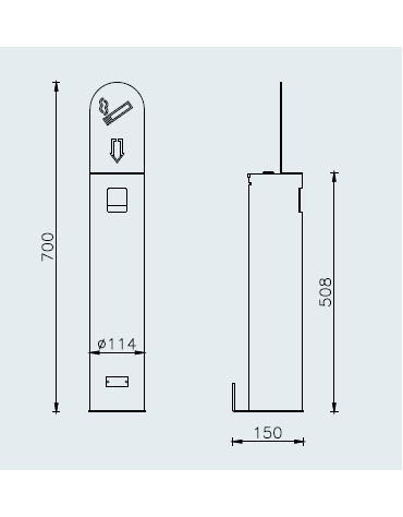 Spegnisigarette realizzato in acciaio inox. Da fissare a muro - cm Ø11,4x70h