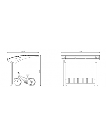 Pensilina monofacciale in acciaio zincato e verniciato, modulo base, copertura in policarbonato - cm 310x250x249h