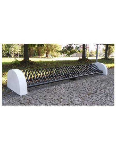 Portabici 5 posti composto da rastrelliera realizzata in acciaio zincato e verniciato e fianchi in cemento - cm 228x75,2x42h