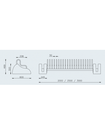 Portabici 7 + 2 posti con rastrelliera in tubolare di acciaio con sostegni laterali in cemento - cm 300x60x46,9h