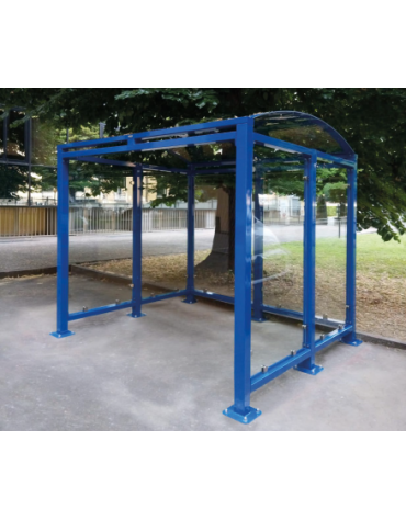 Pensilina per fumatori in acciaio zincato e verniciato, pareti in vetro, e tetto in policarbonato. Chiusa su 3 lati. - cm 200x15