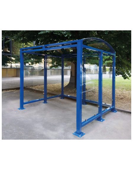 Pensilina per fumatori in acciaio zincato e verniciato, pareti in vetro, e tetto in policarbonato. Chiusa su 3 lati. - cm 200x15