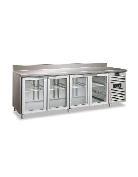 Tavolo refrigerato 4 ante con alzatina - porte a vetro - Refrigerazione ventilata -2°/+8°C - Classe C - cm. 223x70x96h