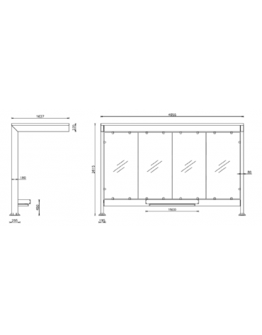 Pensilina in lamiera acciaio, parete di fondo in vetro e copertura policarbonato o lamiera coibentata + 1 parete laterale