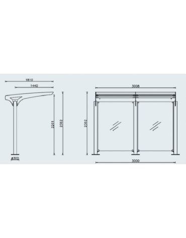 Pensilina bus in acciaio verniciato, tetto in policarbonato alveolare trasparente, parete di fondo in vetro - cm 300,8x181x236,2