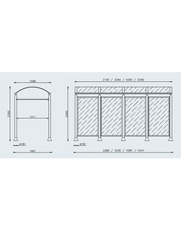 Pensilina 3 moduli in acciaio verniciato con copertura e parete di fondo in policarbonato alveolare - cm 330x158,8x239,5h