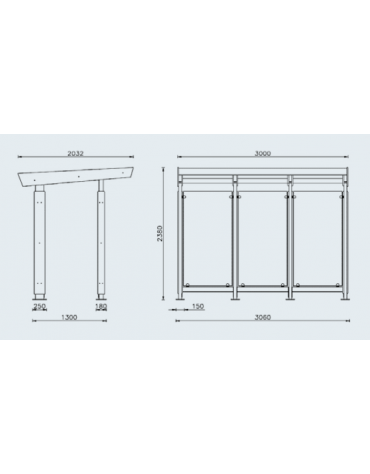 Pensilina attesa autobus, struttura acciaio e rivestimento in legno, parete fondo vetro e copertura policarbonato - cm L300