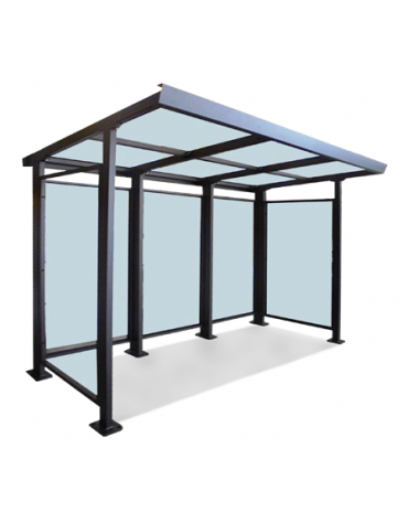 Pensilina attesa autobus, struttura in acciaio, parete fondo in vetro e copertura in policarbonato - cm 300x203,2x238h