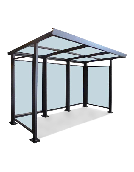 Pensilina attesa autobus, struttura in acciaio, parete fondo in vetro e copertura in policarbonato - cm 300x203,2x238h