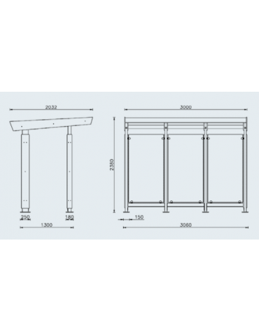 Pensilina attesa autobus, struttura in acciaio, parete fondo in vetro e copertura in policarbonato - cm 300x203,2x238h
