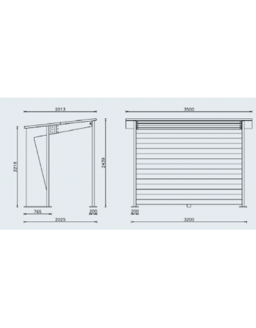 Pensilina in acciaio e legno con copertura in lamiera e parete di fondo rivestita in legno - cm 350x202x243,9h