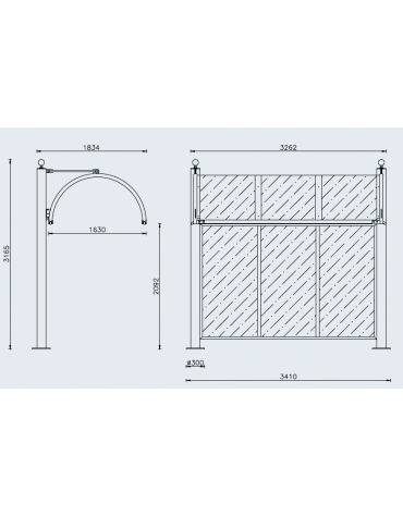 Pensilina attesa bus monofacciale, in acciaio verniciato, con tetto e parete di fondo in policarbonato - cm 341x183,4x316,5h