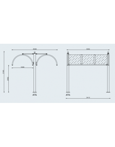 Pensilina attesa bus bifacciale, in acciaio verniciato, con tetto e parete di fondo in policarbonato - cm 341x350,8x316,5h