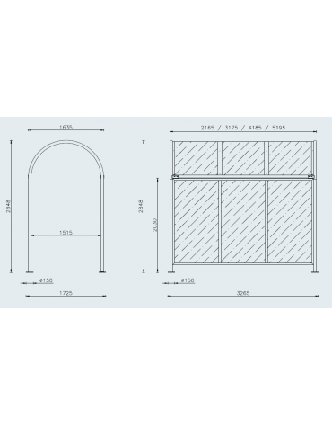 Pensilina 5 moduli, in acciaio verniciato, con tetto e parete di fondo in policarbonato - cm 519,5x172,5x284,8h