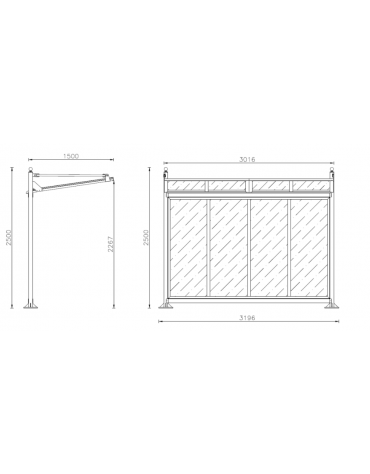 Pensilina monofacciale bus in acciaio verniciato, con tetto e parete di fondo in policarbonato - cm 319,6x150x250h