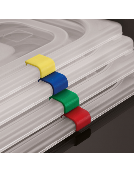 Set 12 Clip per coperchi GN in polipropilene IML - Colori a scelta tra Giallo, Blu, Rosso, Verde e Viola.