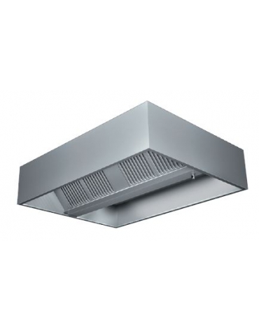 Cappa centrale inox cubica per ristorante con illuminazione con plafoniere a Led - Dimensioni cm 220x150x45h