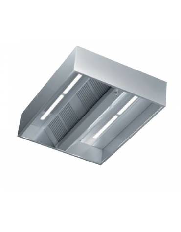 Cappa centrale inox cubica per ristorante con illuminazione con plafoniere a Led - Dimensioni cm 220x150x45h