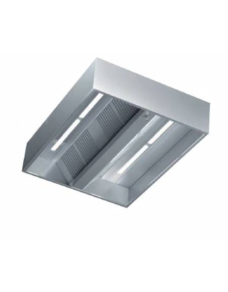 Cappa centrale inox cubica per ristorante con illuminazione con plafoniere a Led - Dimensioni cm 220x150x45h