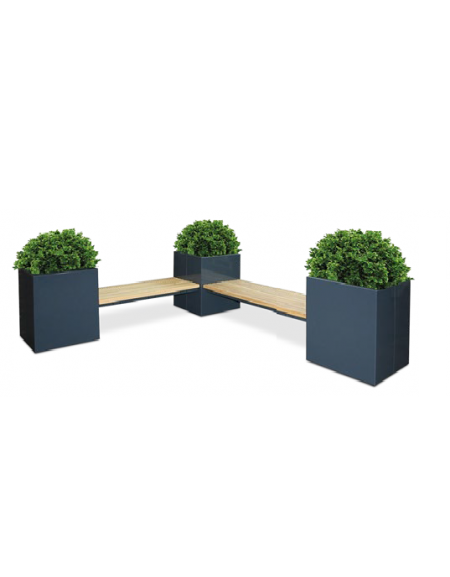 Panchina angolare con 3 fioriere da cm 60x60 e 2 sedute da cm 120 in legno di pino, struttura acciaio zincato e verniciato