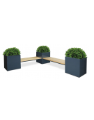 Panchina angolare con 3 fioriere da cm 60x60 e 2 sedute da cm 120 in legno di pregio, struttura acciaio zincato e verniciato