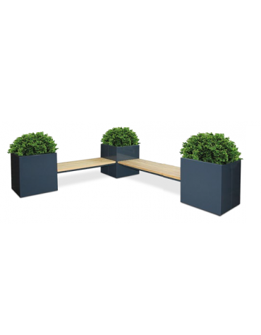 Panchina angolare con 3 fioriere da cm 60x60 e 2 sedute da cm 120 in legno di pregio, struttura acciaio zincato e verniciato