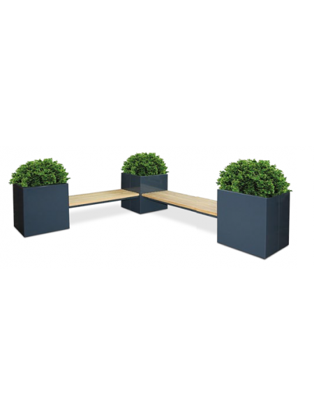 Panchina angolare con 3 fioriere da cm 60x60 e 2 sedute da cm 120 in legno di pregio, struttura acciaio zincato e verniciato