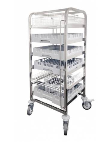 CARRELLO INOX PORTA PER CESTELLI LAVASTOVIGLIE - CAPACITA' N° 6 CESTELLI CM 50X50 - 4 RUOTE DI CUI 2 CON FRENO 