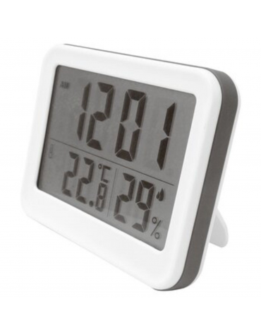 Termometro con orologio in ABS - range temperatura -20+50°C - formato orologio 12/24 ore - cm 13x10x2,5h