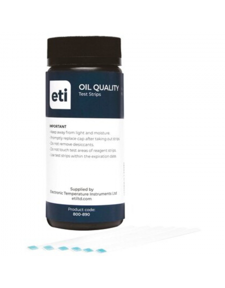 Flacone con 100 strisce reattive per oli di frittura e tabella colori di facile lettura