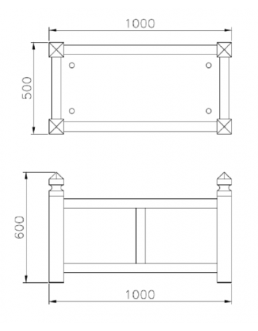 Fioriera a forma rettangolare in tubolare quadro con decori, ricavati da torneria e traversi in tubo quadro - cm 100x50x60h
