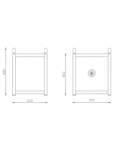 Fioriera quadra in acciaio zincato e verniciato con decoro centrale e decori superiori a forma di pigna - cm 50x50x60h
