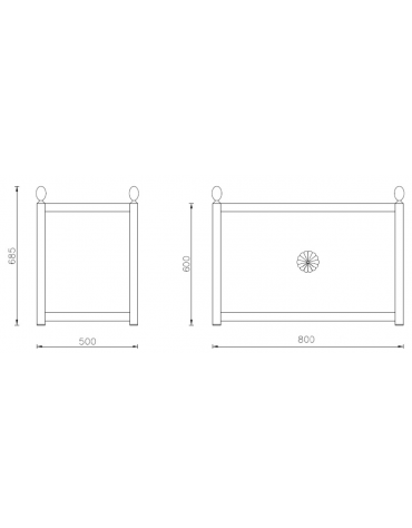 Fioriera rettangolare in acciaio zincato e verniciato con decoro centrale e decori superiori a forma di pigna - cm 80x50x60h