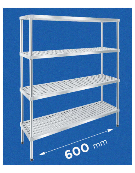 Scaffale per alimenti con montanti in acciaio inox e 4 ripiani forati in polietilene - cm 60x40x200h - Portata Kg 150 per piano