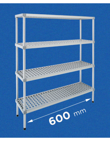 Scaffale per alimenti con montanti in alluminio e 4 ripiani forati in polietilene - cm 60x30x160h - Portata Kg 270 per piano