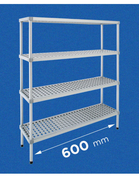 Scaffale per alimenti con montanti in alluminio e 4 ripiani forati in polietilene - cm 60x30x160h - Portata Kg 270 per piano