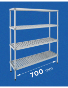 Scaffale per alimenti con montanti in alluminio e 4 ripiani forati in polietilene - cm 70x30x160h - Portata Kg 270 per piano