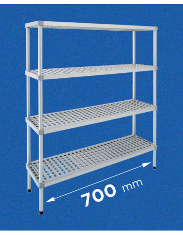 Scaffale per alimenti con montanti in alluminio e 4 ripiani forati in polietilene - cm 70x30x160h - Portata Kg 270 per piano