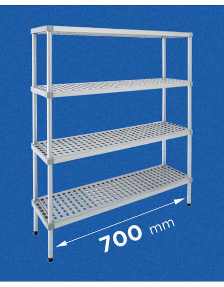 Scaffale per alimenti con montanti in alluminio e 4 ripiani forati in polietilene - cm 70x30x160h - Portata Kg 270 per piano