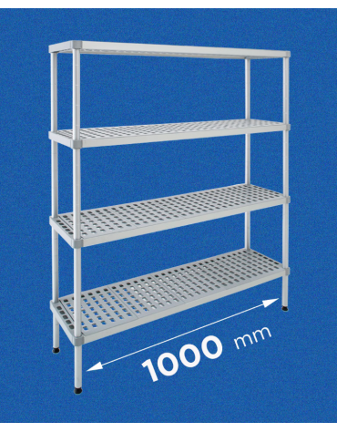 Scaffale per alimenti con montanti in alluminio e 4 ripiani forati in polietilene - cm 100x30x160h - Portata Kg 270 per piano